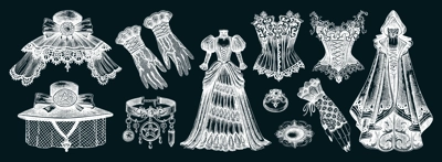 Victorian clothes hand-drawn vector illustrations on chalkboard. Romantic gothic fashion designs. Halloween dresses and accesories. Historical costume elements. NOT AI generated
